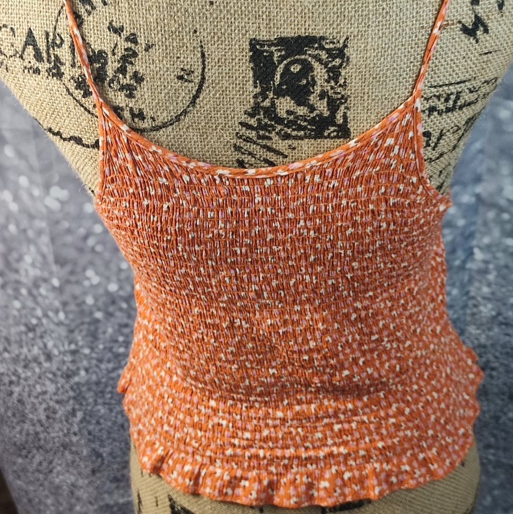 Paper Crain Spagetti Strap Boho Cottage Core Floral Print Shirred Tank Top - Picture 2 of 4
